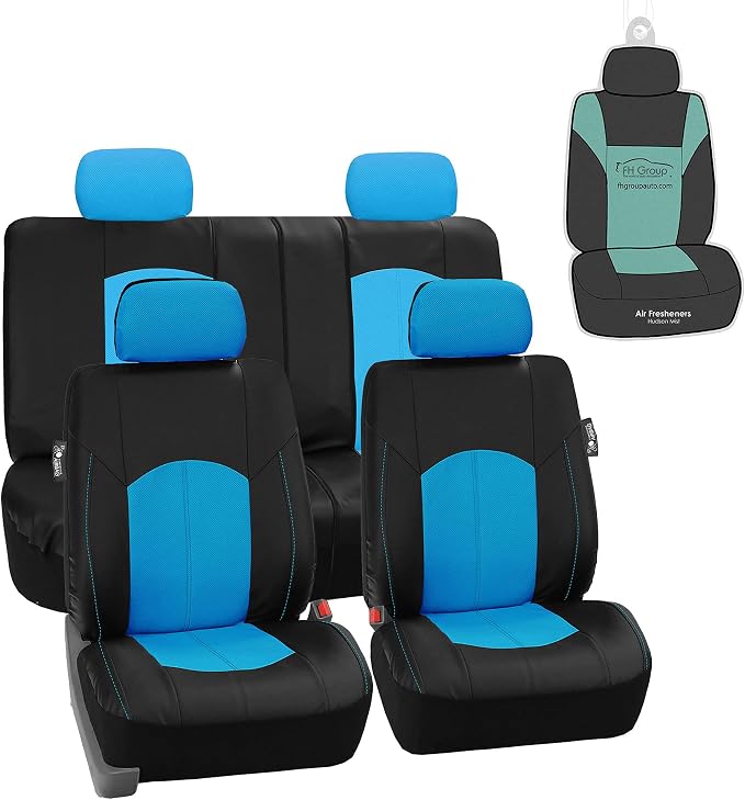 FH Group Automotive Seat Cover Highest Grade Faux Leather Blue Black Full Set, Combo Car Seat Cover Design Airbag Compatible Split Bench Tan Car Seat Cover Interior Accessories Universal Fit SUV