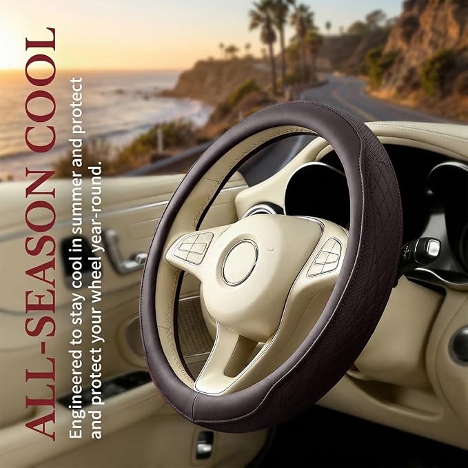 Car Steering Wheel Cover, Breathable Anti-Slip Vehicle Steering Wheel Protector with Inner Ring, Automotive Interior Protective Accessories, Universal for SUV RV Truck (Coffee)
