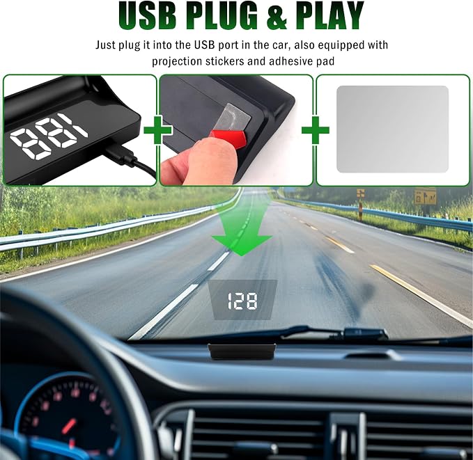 GPS Heads up Display for Cars with HD Large Font,USB Plug & Play Car HUD Head up Display for Speed Displays,Universal Digital Speedometer for Car with Adjustable Brightness (White)