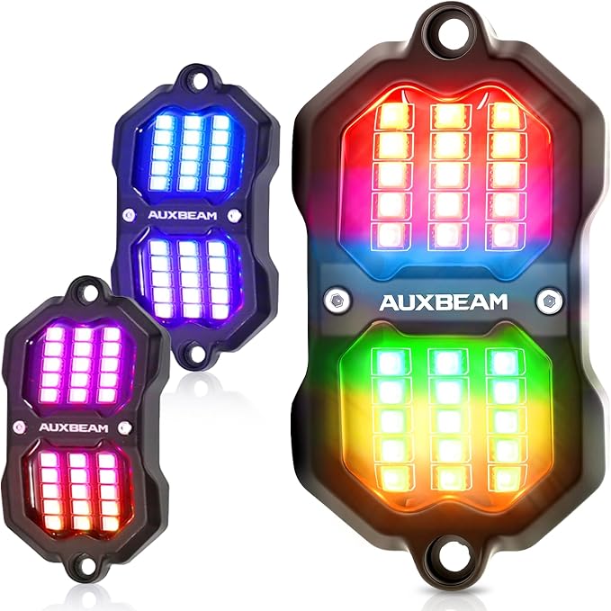 Auxbeam 2 Pods RGB Rock Lights with Brake Mode LED Dynamic Color Changing Underglow Kit w/Bluetooth APP&Remote Control Music Voice Sync Waterproof for Trucks ATV Car 2 Year Warranty (NO Controller)