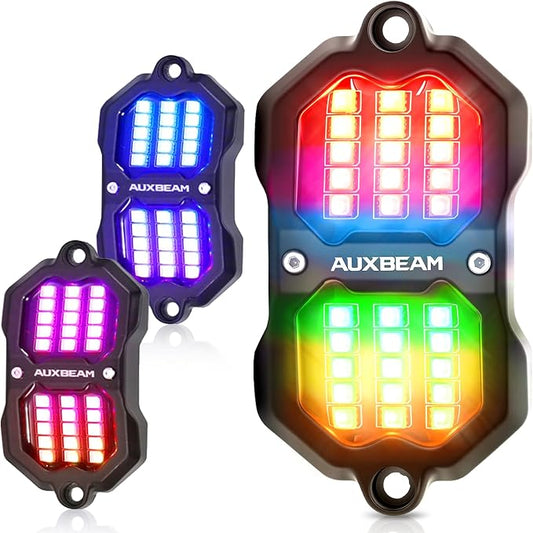 Auxbeam 2 Pods RGB Rock Lights with Brake Mode LED Dynamic Color Changing Underglow Kit w/Bluetooth APP&Remote Control Music Voice Sync Waterproof for Trucks ATV Car 2 Year Warranty (NO Controller)