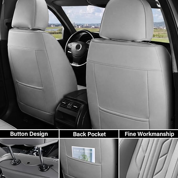 Coverado Car Seat Covers Full Set, Automotive Seat Covers Car Seat Protector Car Seat Cushion, Waterproof Leather Seat Covers for Cars, Universal Fit for Most Sedans SUV Pick-up Truck((Grey)