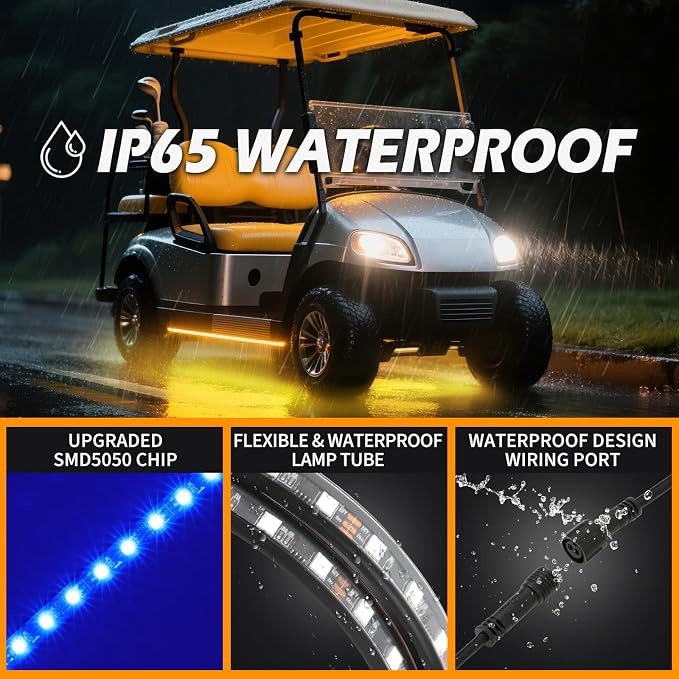 DREAMOTOR 4PCS Golf Cart Underglow LED Light Strip Dream Color Neon Accent Lighting Kit APP/Remote Control Sound Active Music Sync Waterproof 12V-65V Input Compatible with EZGO Yamaha Club Car