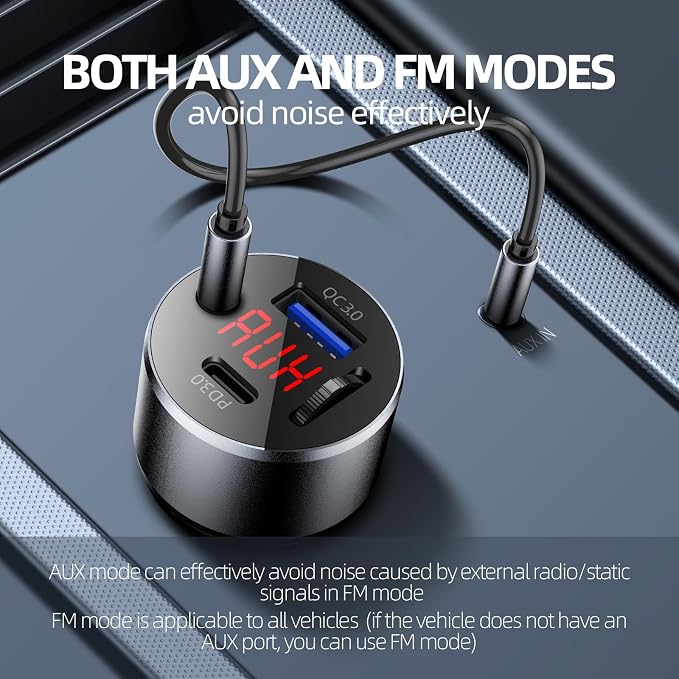 Bluetooth V5.4 AUX Car Adapter FM Transmitter | All-Metal, No Static Noise,PD&QC Fast Charger,