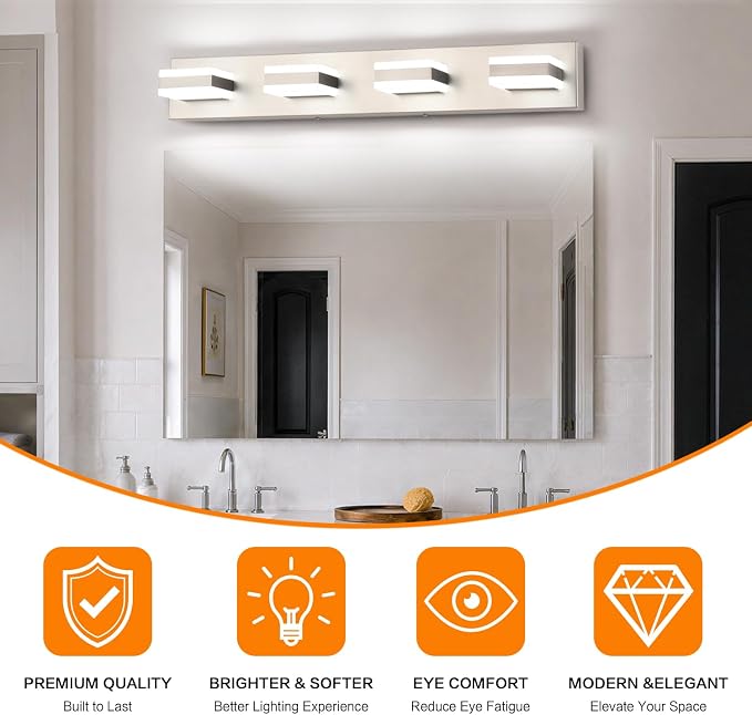 SOLFART Bathroom Vanity Lights Brushed Nickel Light Fixtures for Bathroom Above Mirror 4 Light Led Lights Bath Lighting Fixture Nickel ETL Listed