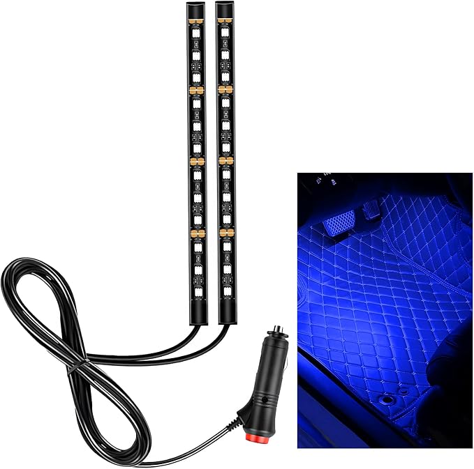 Car LED Strip Light, 12V 24 LEDs RGB Car Atmosphere Lamp with Cigarette Adapter Plug, Vehicle Under Dash Floor Ambient Night Decorative Lighting Kit (Blue)