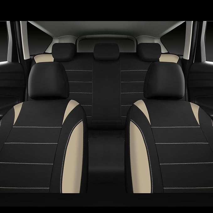 CAR PASS Waterproof Car Seat Covers Full Sets, Universal Fit Seat Covers for Cars, EVA Neoprene Seat Cover Set Full Sets, Interior Covers for Auto SUV,Vans,sedans, Trucks,(Black and Beige)
