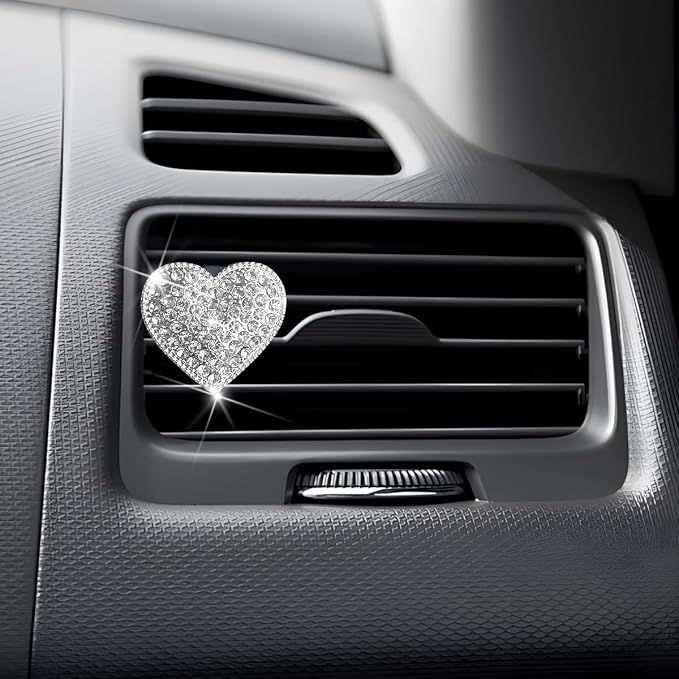 Bling Car Air Vent Clip, 2PCS Crystal Rhinestone Diamond Automotive Heart Shape Clip Charm, Cute Sparkling Vehicle Interior Decoration Accessories, Universal for SUV Sedan Trucks (Silver)