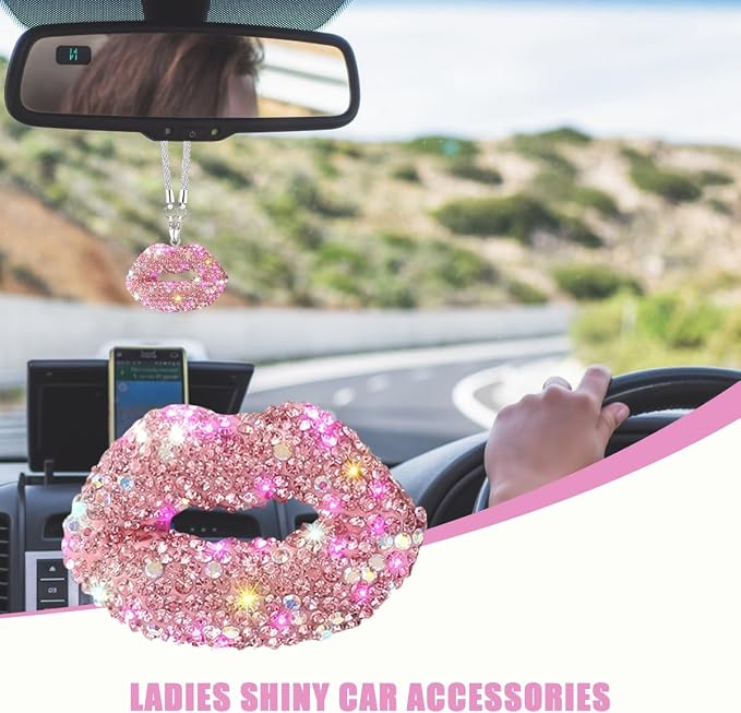 Bittwee Bling Lip Diamond Car Hanging, Crystal Rinestones Auto Rear View Mirror Charms Ornament, Lucky Vehicle Interior Pendant Decoration Accessories, Universal for SUV Sedan Truck(Pink)