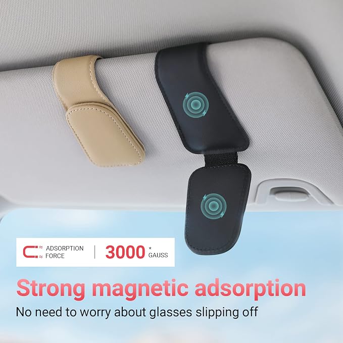 KanSmart Sunglass Holder for Car Sun Visor Magnetic Sunglasses Clip Leather | sun visor organizer, ticket card clip, universal auto interior accessories, one-handed magnetic, anti-scratch,eyeglass holder