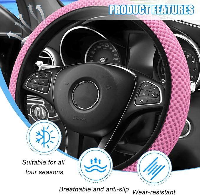 Car Elastic Stretch Steering Wheel Cover, 14.5-15" Breathable Ice Silk Anti-Slip Vehicle Steering Wheel Protector, Comfy Auto Interior Protection Accessories, Universal Fit (Pink)