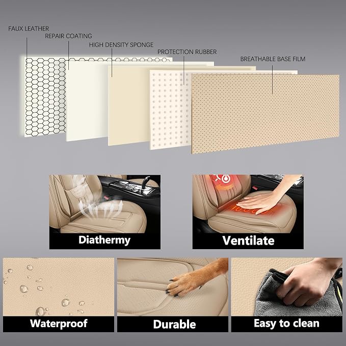 NS YOLO Universal Fit Full Coverage Leather Car Seat Covers for Cars,SUVs and Pick-up Trucks, Car Seat Protector,Automotive Seat Covers Full Set,Car Seat Cushion,Beige Seat Cover for 5 Seats