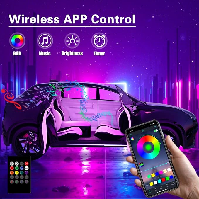 Interior Car Lights with Wireless APP and Remote Control, 5 in 1 RGB Ambient Lighting Kit with 236 inches Fiber Optic, 16 Million Colors Car Neon Strip with Music Mode