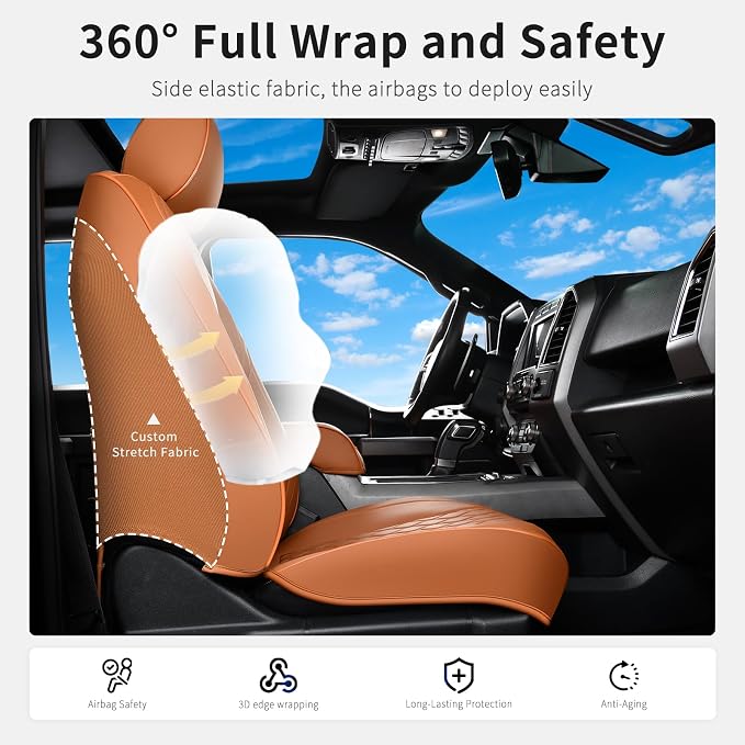 Huidasource Front Truck Seat Covers Fit for Ford F150 2015-2026&F250 F350 F450 2017-2026 All Cab XL XLT Lariat King Ranch Platinum, Waterproof Leather Automotive Car Seat Cover(Front Pair/Brown)