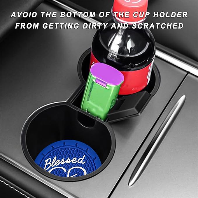 2 PCS Car Cup Holder Coaster, 2.76 Inch Soft PVC Non-Slip Blessed Cross and Heart Christian Car Cup Coasters, Auto Interior Shockproof Insert Drink Mat for Most Vehicles (Blue)