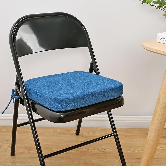 SINOSSO Memory Foam Chair Cushions for Folding Chairs 4 Pack, Thickened 2" Square Pads with Ties for Kitchen Chairs, Indoor Non-Slip Dining Chair Seat Cushions (Set of 4, Blue)