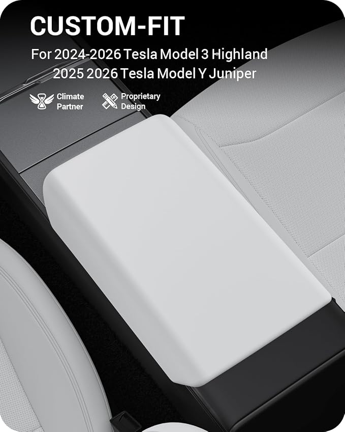BASENOR Center Console Armrest Cover for 2025 2026 Tesla Model Y Juniper/Model 3 Highland [Non-Slip] [No Logo] Arm Rest Protector Accessories TPU White (Standard/Premium/Performance)