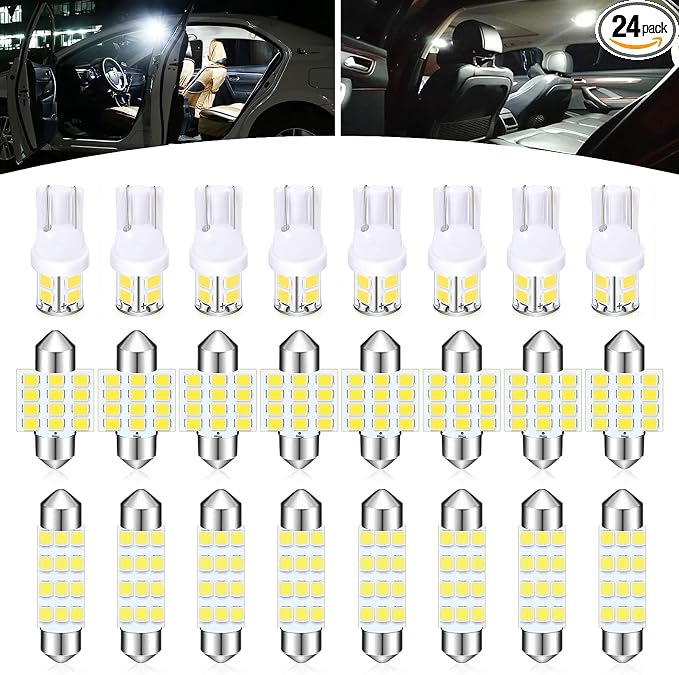 Pack-24 Car LED Bulb Kit Set, T10 31 mm 42 mm Interior Car Lights Bulbs Dome Light, Festoon Bulbs LED Replacement Bulbs for Car Dome Map Door Courtesy License Plate Lights (White)