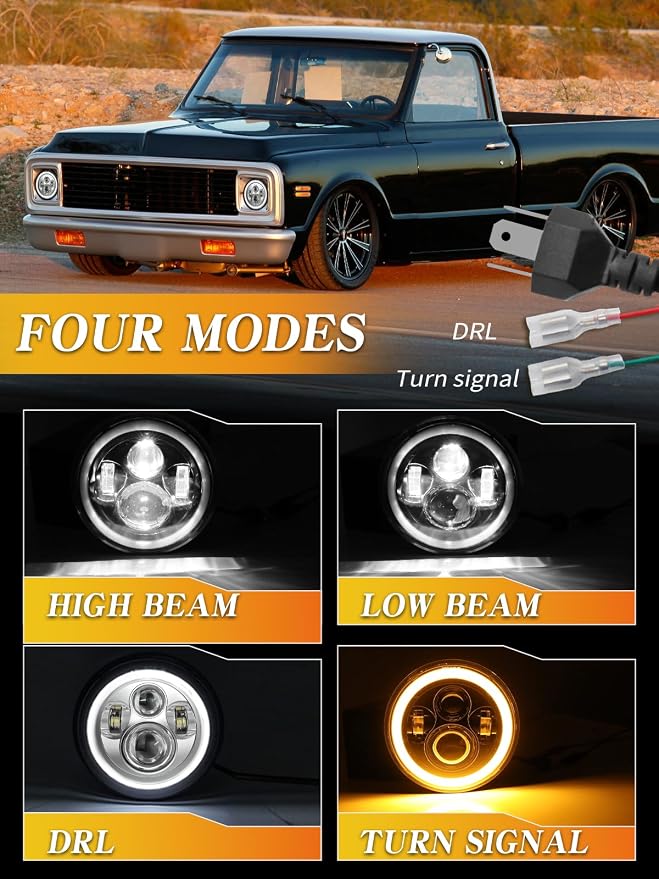 ZIMABLUE 7 inch led Headlight Chrome Round Projector 7 inch Halo led Headlight H6024 DOT Approved Hi/Lo Beam DRL Amber Turn Signal Compatible with Jeep Wrangler JK TJ CJ Compatible with Chevy miata