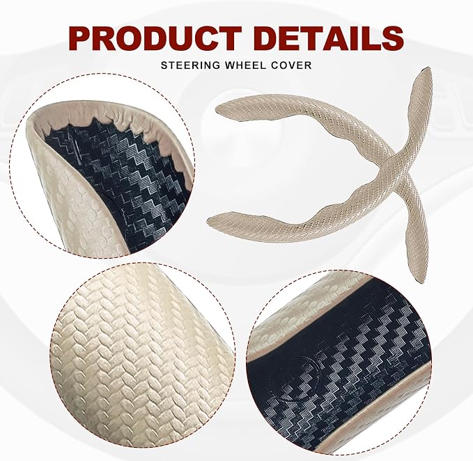 Universal Fit Carbon Fiber Steering Wheel Cover, Segmented Steering Wheel Protector, Carbon Fiber Anti-Skid Steering Wheel Cover Car Interior Accessories (2 Pcs Khaki)