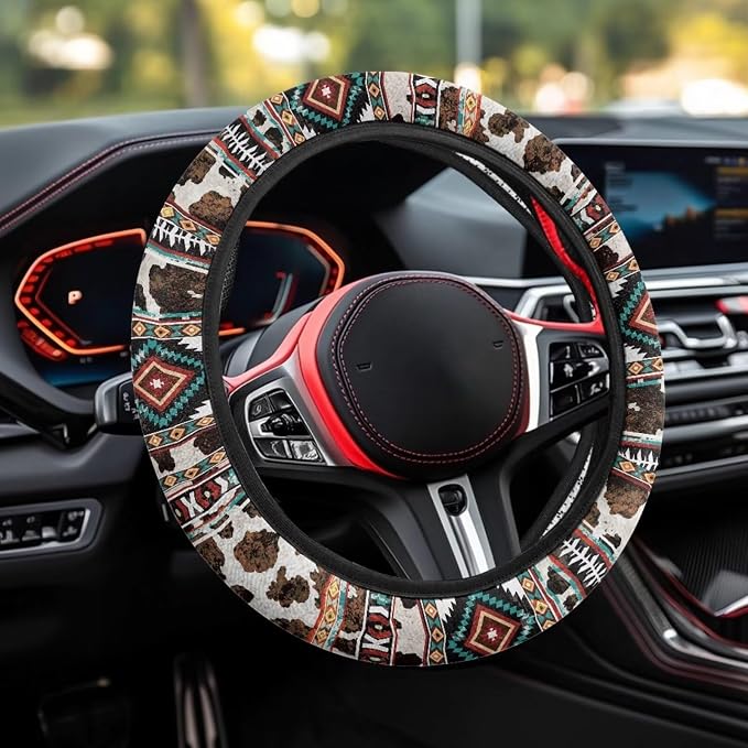 Wanyint Car Steering Wheel Cover 15 Inch Universal Breathable Soft Anti-Slip Auto Accessories Steering Wheel Protector Fit for Most Vehicles, Aztec Geometric Cow Print