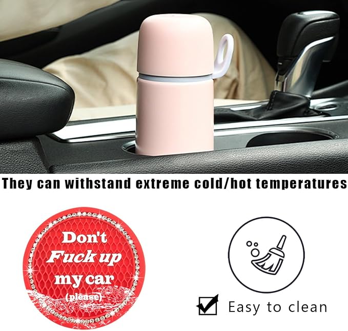 2 PCS Bling Car Cup Coaster, 2.75 Inch Anti-Slip Cup Holder Insert Coasters, Crystal Rhinestone Auto Drink Car Cup Mat for Women Girls, Universal Interior Car Accessories (Red)