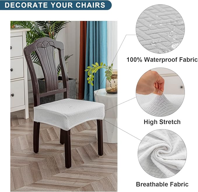 Genina Waterproof Seat Covers for Dining Room Chair Covers Waterproof Dining Chair Covers (6 PCS-Rear-gapped, White)