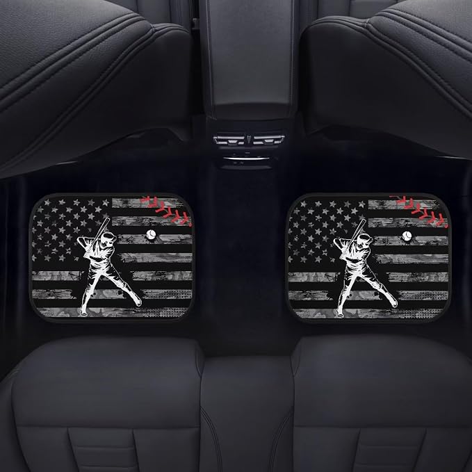 Baseball Print Car Floor Mats Set of 4 Retro American Flag Sports Ball Universal Vehicle Floor Carpet Decorative Auto Front Rear Foot Rugs for Trucks SUV Sedan