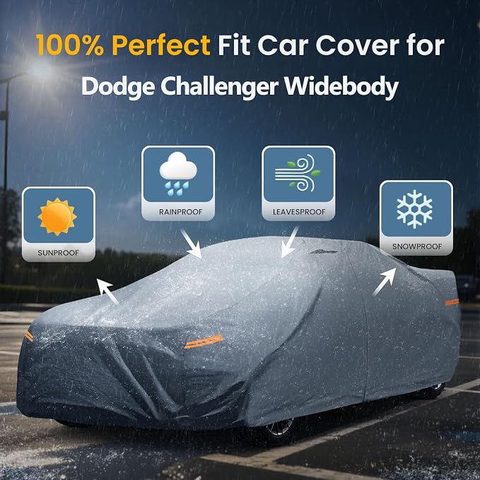 Waterproof Challenger Widebody（Next-Gen 2-Doo Car Cover with Breathable Vents, [Upgrade] Premium Covers with Cotton Liner and Zipper Door,Sun Rain Snow Dust Uv Protection.(Gift with Towel)