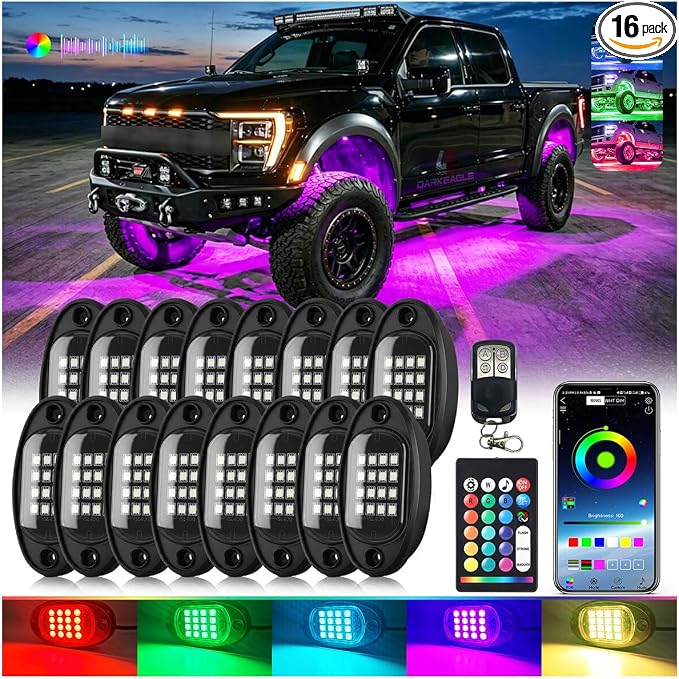 16Pods RGB LED Rock Lights Kit with APP/RF Remote Control, Segmented Multicolor Underglow Accent Light Exterior Music Mode Waterproof 12V for Trucks Pickup Jeep Gladiator Off-Road