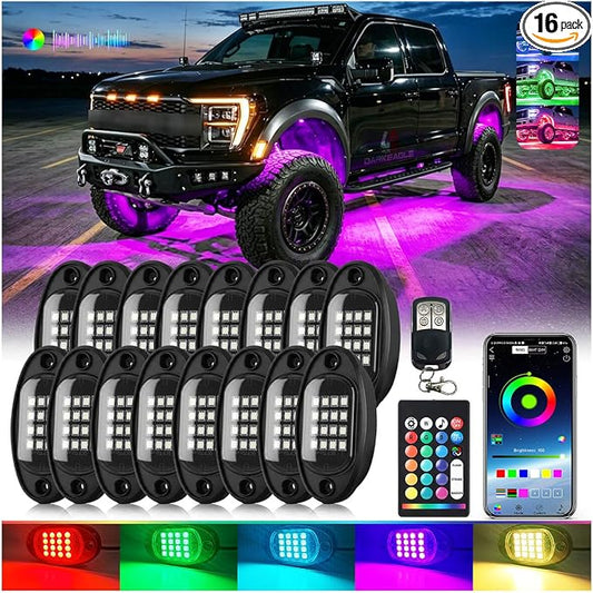 16Pods RGB LED Rock Lights Kit with APP/RF Remote Control, Segmented Multicolor Underglow Accent Light Exterior Music Mode Waterproof 12V for Trucks Pickup Jeep Gladiator Off-Road