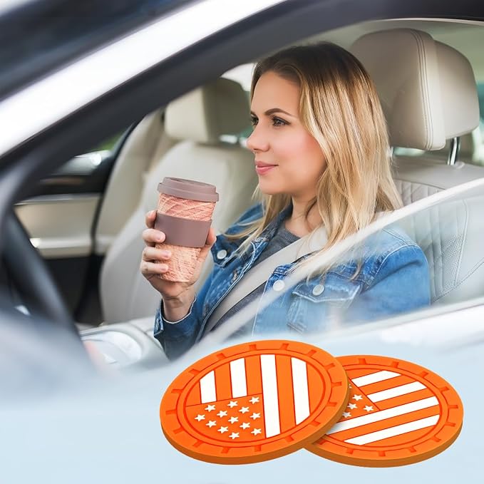 Osilly Car Cup Holder Coasters, 4 Pack American Flag Insert Car Cup Coaster, 2.75 Inch PVC Anti Slip Shockproof Embedded Drink Mat, Car Interior Decoration Accessories for SUV, Truck(Orange)