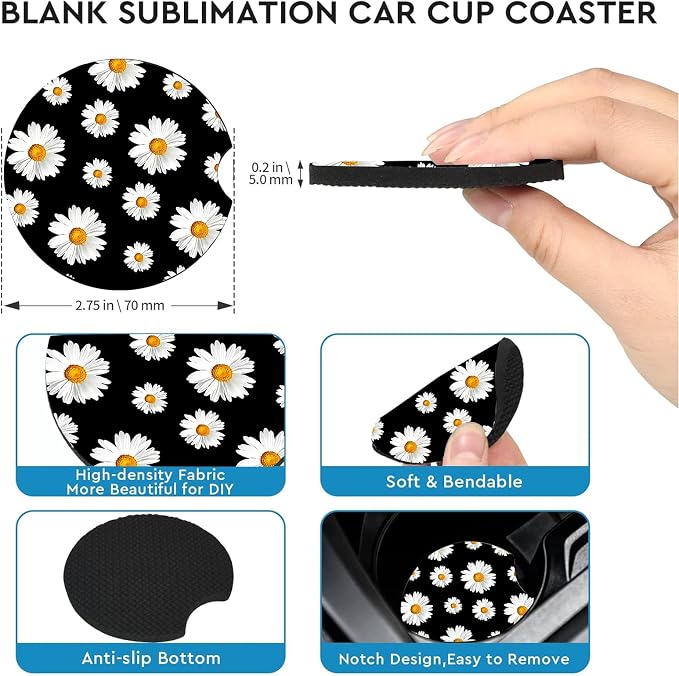 2 Pack White Daisy Car Cup Holder Coasters Universal Neoprene Coasters | 2.75" Universal Size Anti Slip Rubber Mat,Auto Cup Holder Decor Accessories for SUV Truck,Daisy Gifts for Women Men Mom