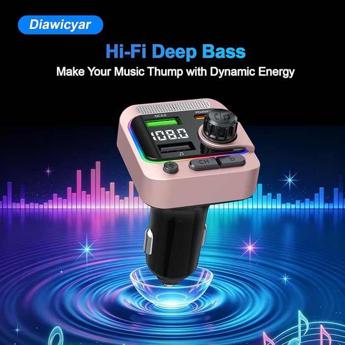 63W FM Transmitter Bluetooth Car Adapter, Wireless FM Bluetooth Transmitter | [PD 45W & QC3.0] Fast Charge, Deep Bass Player, Hands-Free Calling, Pink