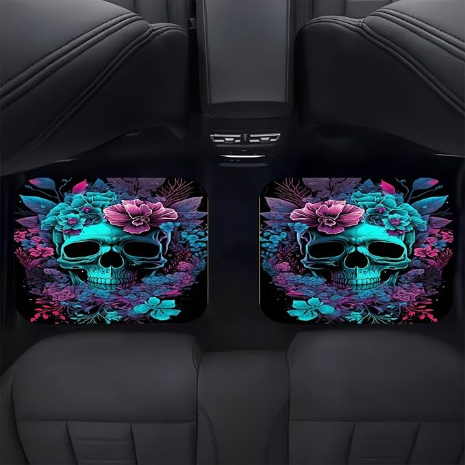 Universal Fit Car Floor Mats Set of 4Pcs, Blue Skull and Flower All-Weather Front Rear Car Carpet Mats, Non-Slip Car Floor Mat Car Accessories for Automotive Trucks SUV Sedans Vans