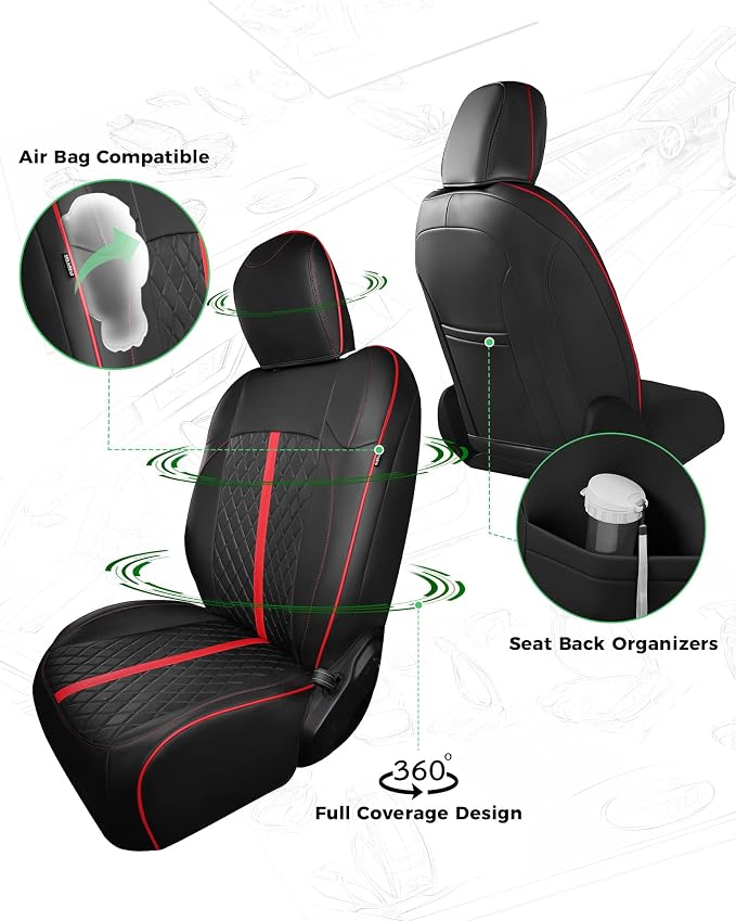for Jeep Wrangler Seat Covers 4Door JK 2013 2014 2015 2016 2017, Custom Car Seat Cover Full Set, Luxury Leather Seat Protectors, Waterproof SUV Interior Cushions Accessories, Black Red Trim