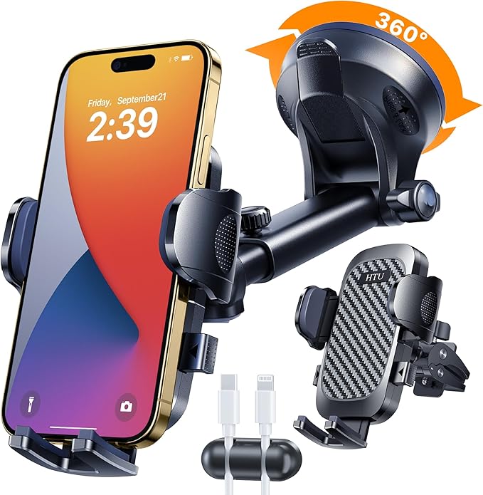 HTU 2026 Ultimate Best【True Military-Grade & Safety Cert】 Car Phone Holder | 【Upgraded 360 Rotation & 100LBS Strongest Suction】5-in-1 Truck Windshield Dashboard Vent Mount Stand for iPhone Android,Black