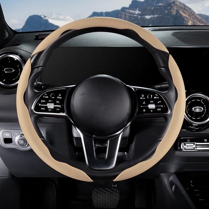 Car Steering Wheel Cover Leather Snap On 3Pcs Set Non-Slip Protector Wrap Steering Wheel Accessories 14.5-15 inch Universal Beige