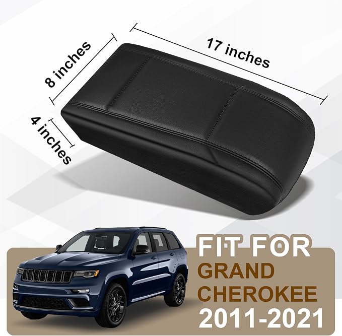 Muslogy Center Console Armrest Cover Fit for Jeep Grand Cherokee 2011-2021 & Dodge Durango 2011+ Accessories, Comfort Armrest Pad Console Lid Cushion Vegan Leather Regular Thick