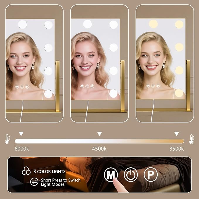 Moonee Vanity Mirror with Lights, Gold Hollywood Lighted Makeup Mirror with 9 Dimmable Bulbs and 10X Magnification 360°Rotation, 3 Colors Modes, Light Up Mirror for Tabletop（12" x 14"）