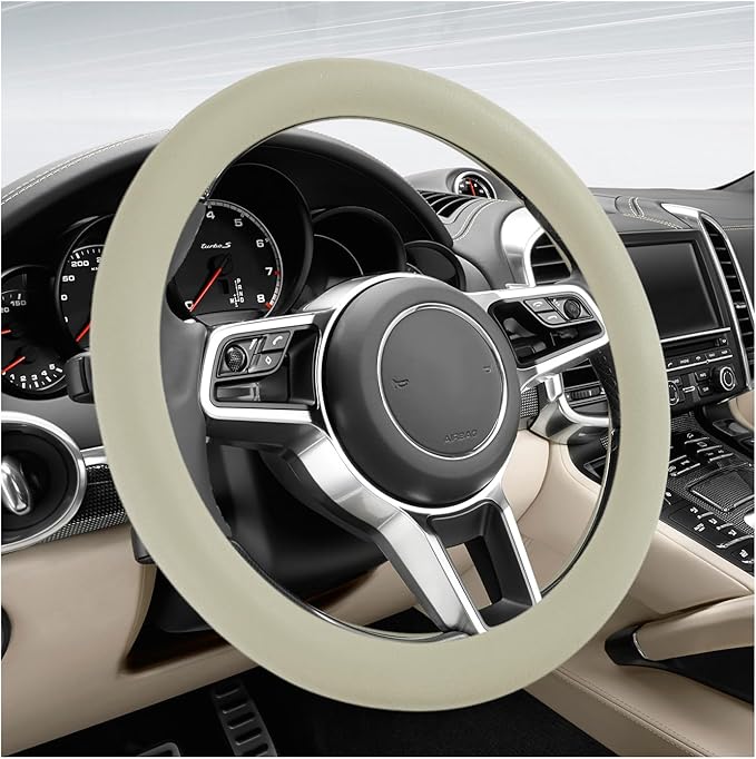 DXNQ Car Steering Wheel Cover, 13 to 14.17 inches Anti-Slip Silicone Steering Wheel Protector, Soft Flexible Shock-Absorbent Steering Wheel Protective Cover for Most Car Models (Beige)