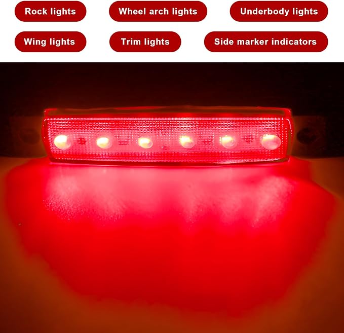 10 PCS Car LED Rock Strip Lights, 3.8" 6 LED Shockproof Thin Line Side Marker Clearance Light, Waterproof Exterior Underglow Wheel Fender Well Lighting Kit for Most Vehicles (Red)