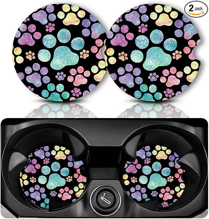 Yonlevres Car Coasters for Cup Holders，2.75" Anti Slip Rubber Mat with A Finger Notch, 2 Pack Car Cup Holder Coasters for Car Interior Accessories for Women Men Dog Paw