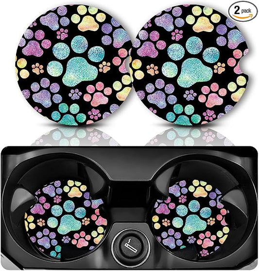 Yonlevres Car Coasters for Cup Holders，2.75" Anti Slip Rubber Mat with A Finger Notch, 2 Pack Car Cup Holder Coasters for Car Interior Accessories for Women Men Dog Paw