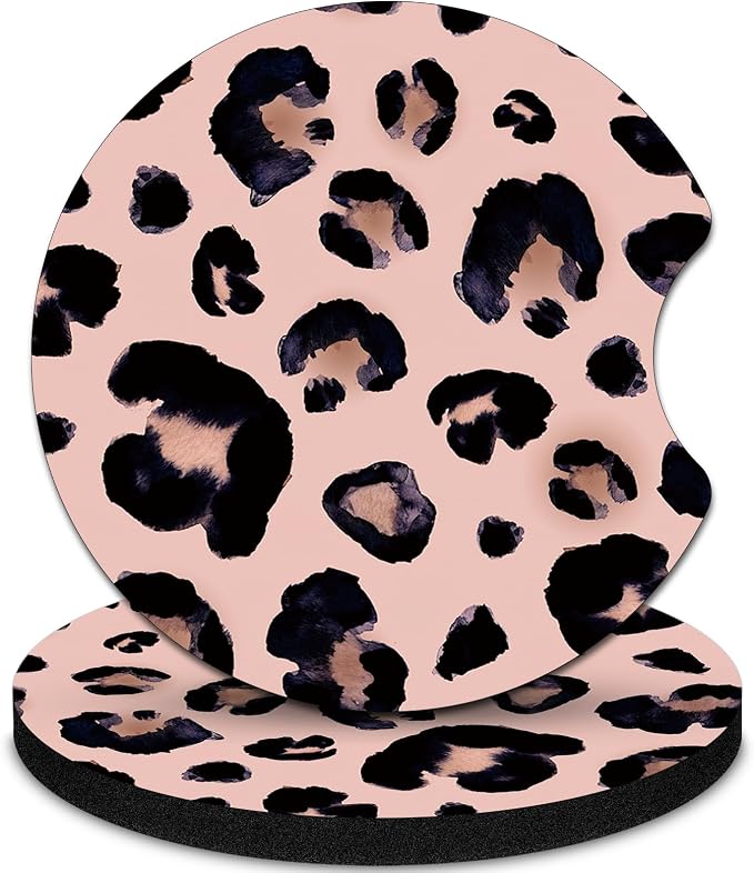 2 Pack Car Coasters，2.75-inch Neoprene Non-Slip Cup Holder Coasters for Car，Cute Car Interior Accessories for Men and Women，Leopard Print