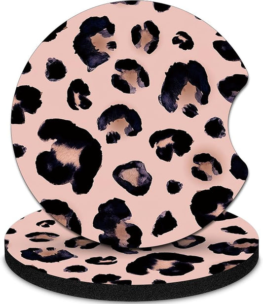 2 Pack Car Coasters，2.75-inch Neoprene Non-Slip Cup Holder Coasters for Car，Cute Car Interior Accessories for Men and Women，Leopard Print