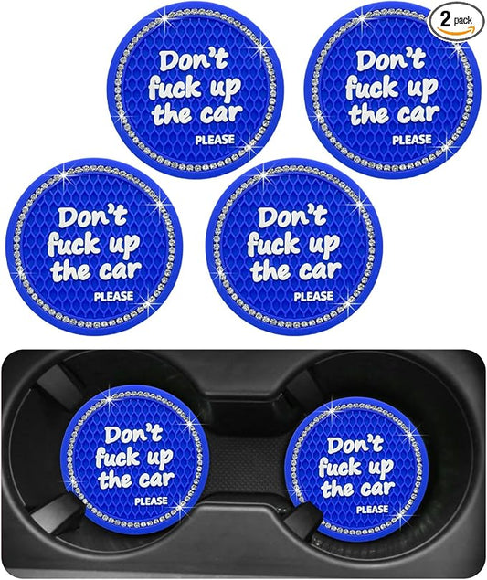 Ohleats Bling Car Cup Coaster, 2.75 Inch Non-Slip Don't Fuck Up My Car Please Cup Holder Insert Coaster, Crystal Rhinestone Auto Drink Cup Mat, Universal Car Accessories (Blue-4PCS)