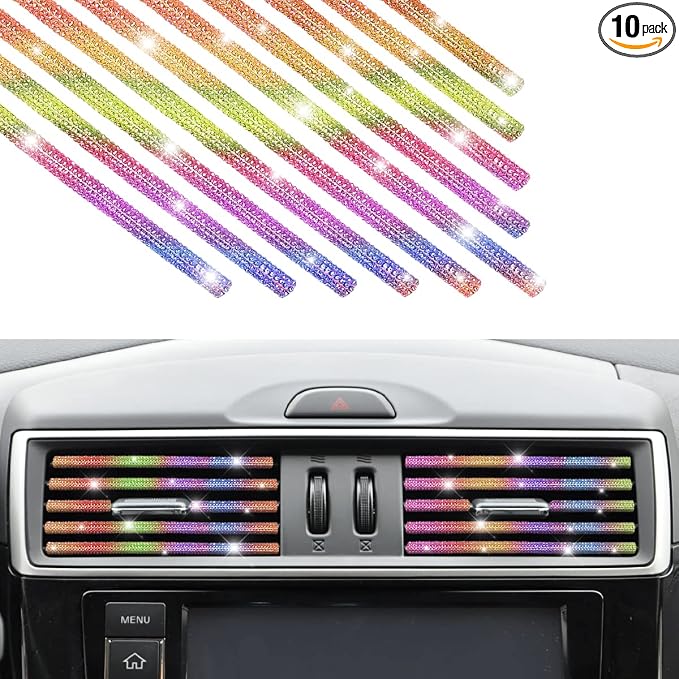Bling Car Vent Outlet Trim, 10PCS Handcrafted Rhinestones Diamond Decoration Strips for All Straight Air Conditioner Outlet, Bling Car Interior Accessories for Women Girl (Colorful)