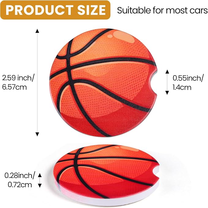 2 Pack Basketball Car Coasters for Men Women Car Cup Holder Coasters, 2.63 Inch Anti Slip Ceramic Absorbent Coaster with Cork Base and Finger Notch, Cute Fun Car Accessories Interior