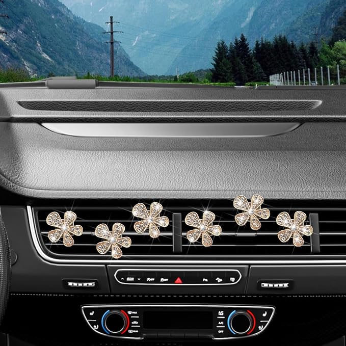 Mandark 6PCS Bling Daisy Flower Car Air Vent Clip, Crystal Rhinestone Vehicle Air Vent Outlet Clip, Cute Auto Air Conditioning Clip Charm Interior Decor Accessories for Women Girls（Golden）